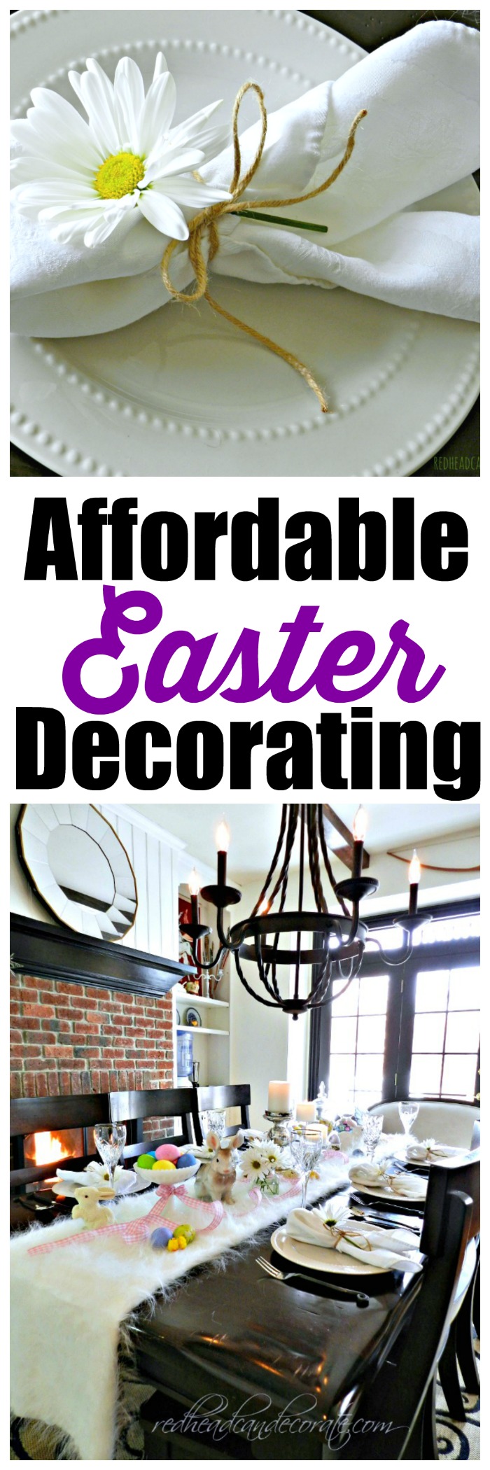 She used dollar store plates & thrift store ceramic bunnies.  There's also a butter lamb, and some other affordable Easter Decorating ideas I would have never thought of.