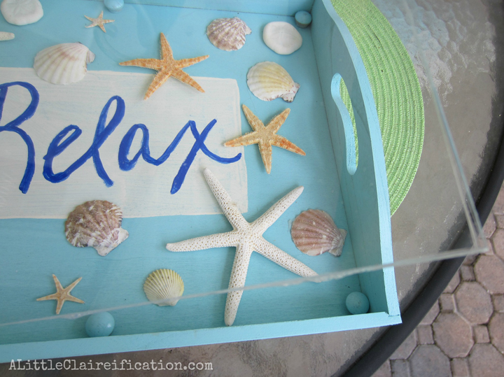 DIY Seashell Serving Tray at ALittleClaireification.com #crafts #seashells #starfish @ALittleClaire