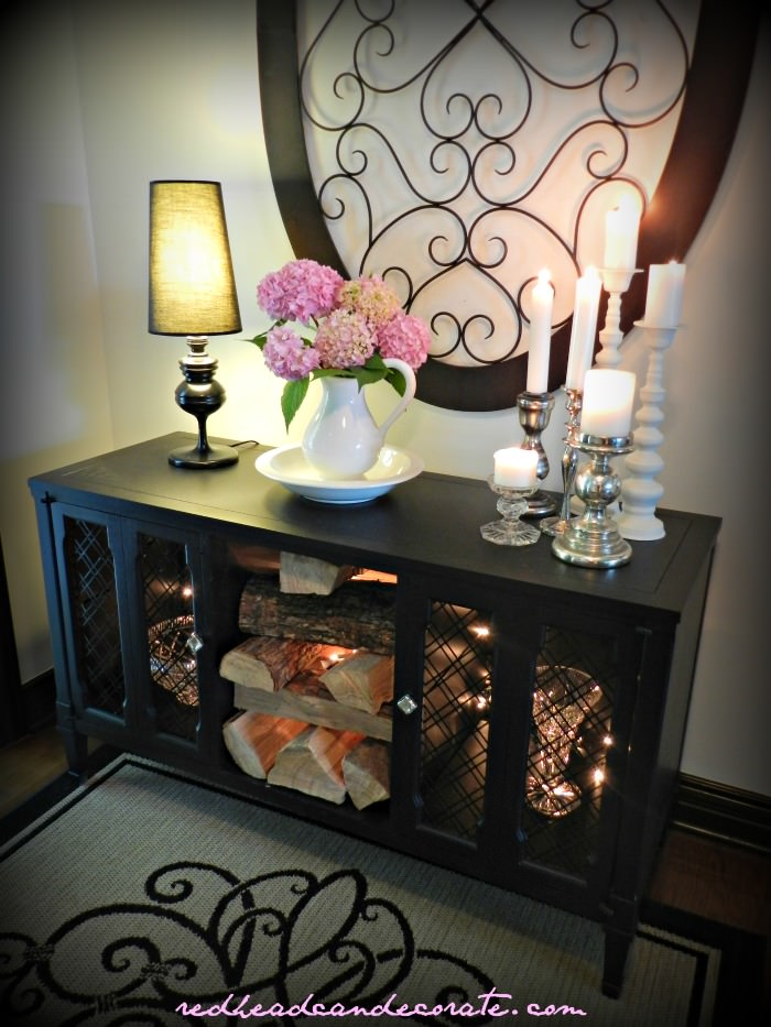 Black Stereo Console Makeover w: Thrift Store Water Basin Idea