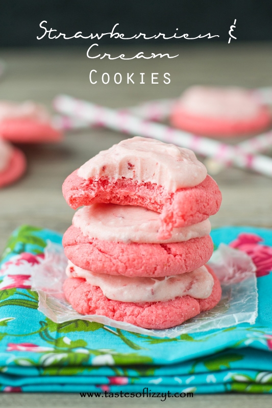 Strawberries & Cream Cookies made with a cake mix and jello. Bursting with strawberry flavor and creamy milkshake flavored frosting