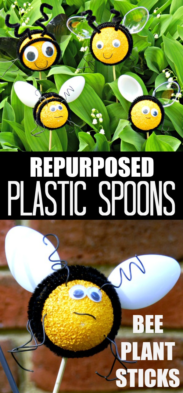 How cute are these Bee Plant Sticks? She repurposed plastic spoons!!! This would be perfect for kids crafts!