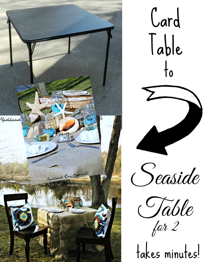 How to transform a card table into a rustic elegant seaside table for 2!  Even if you don't have a seaside!