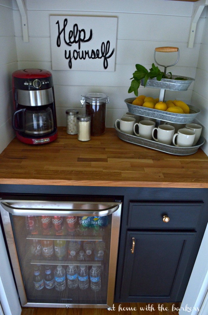 DIY Beverage Bar made with stock cabinets, chalky finish paint and butcher block