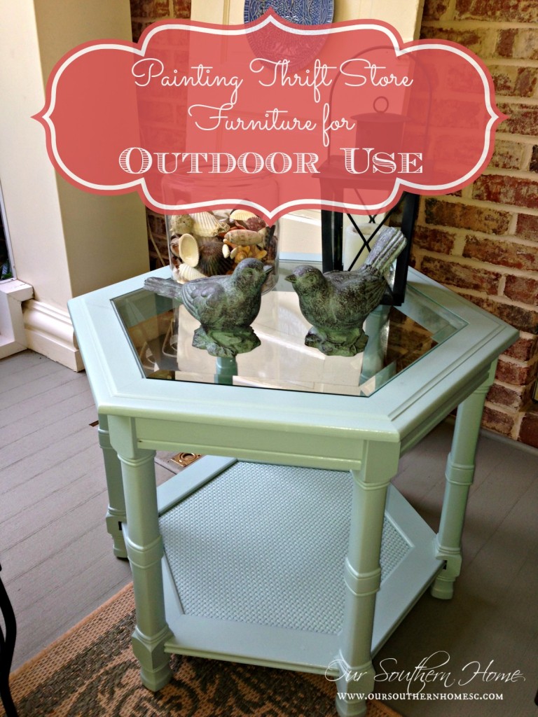 Thrift store furniture can be used on a porch with the proper paint via Our Southern Home #paintingoutdoorfurniture #thriftstore #porch