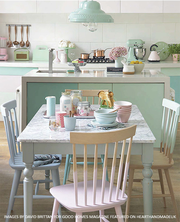 A-Gorgeous-Pastel-Dining-Room-and-Kitchen-Area-with-painted-chairs-600x742