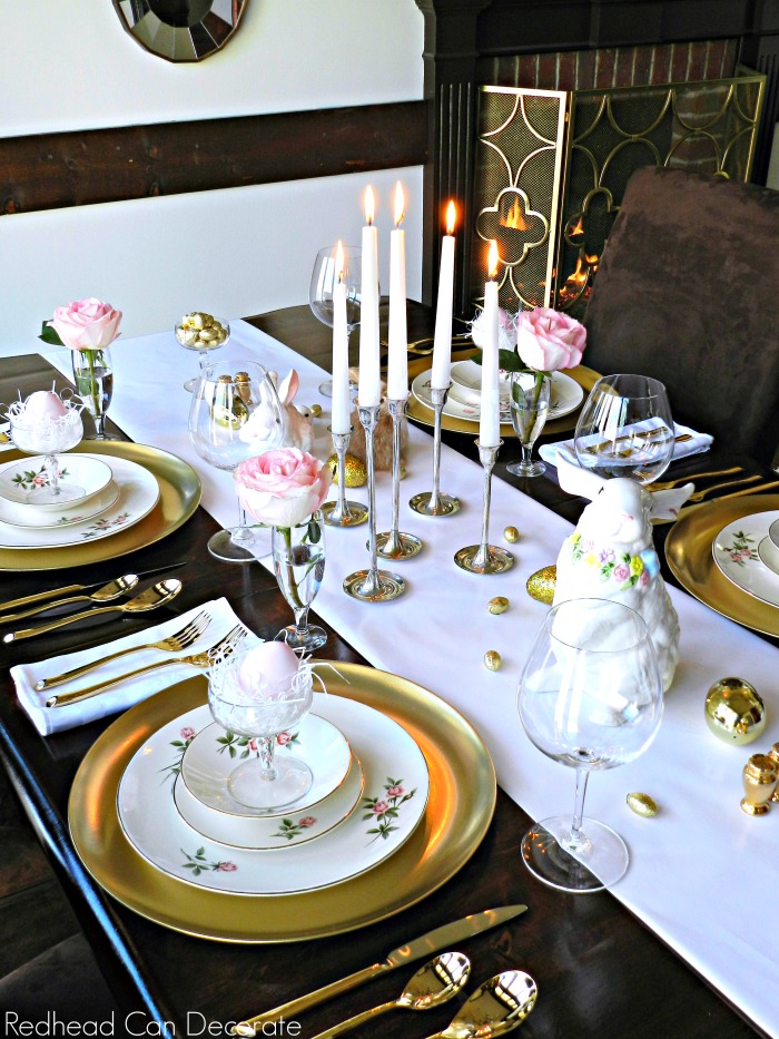 Thrift store clear plastic trays turned beautiful golden chargers for this thrifty golden Easter table!