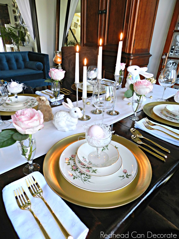 Thrift store clear plastic trays turned beautiful golden chargers for this thrifty golden Easter table!