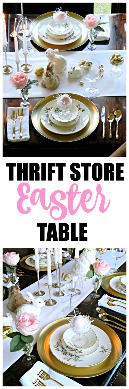 She used thrift store plates, dollar store chargers, and wrapping paper for the runner! This "Thrifty Golden Easter Table" is a must see!