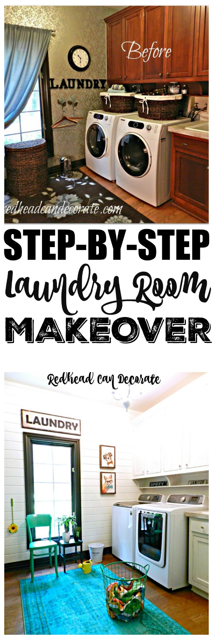 This DIY Laundry Room Makeover is filled with cute ideas for an affordable transformation from dated to light bright and beautiful!