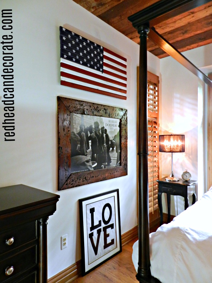 Patriotic Master Bedroom: Displaying the American flag all year long is such a beautiful decorating idea. She also includes a list of sources!