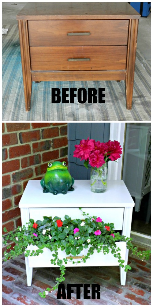 This thrifty nightstand flower planter is so adorable! All she did was spray paint it and fill it with flowers.