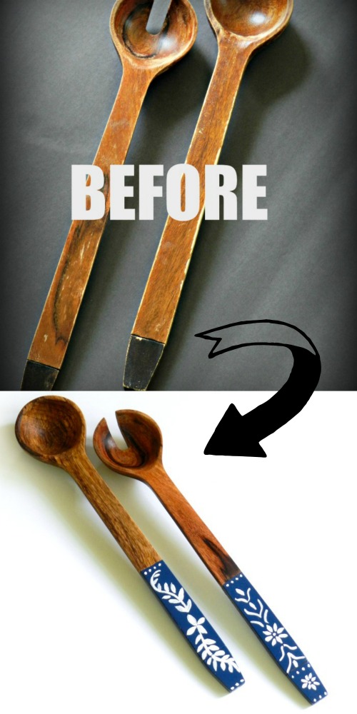 You won't believe what this woman did to an old salad serving set. This Wooden Salad Serving Set Makeover is amazing & sounds easy to do.