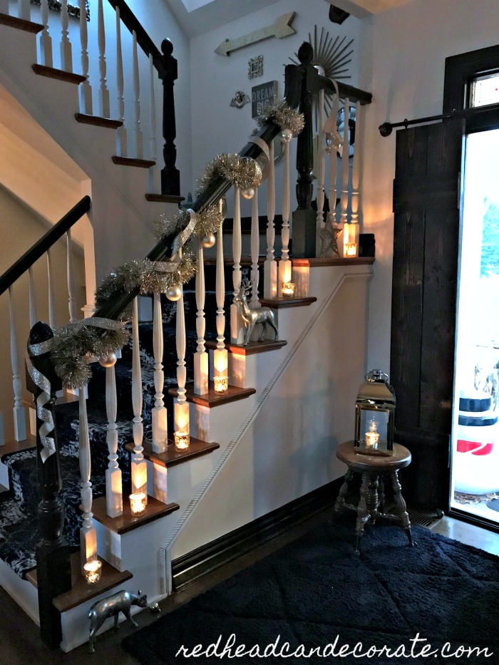 This beautiful "Blue & Gold Christmas Staircase" was decorated easily using old fashioned gold garland and gold ribbon. The gold lanterns are the icing on the gold cake!