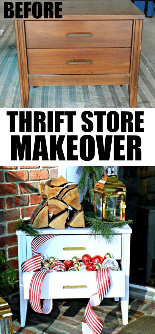 Amazing thrift store nightstand makeover using paint, and a few Christmas decorations.