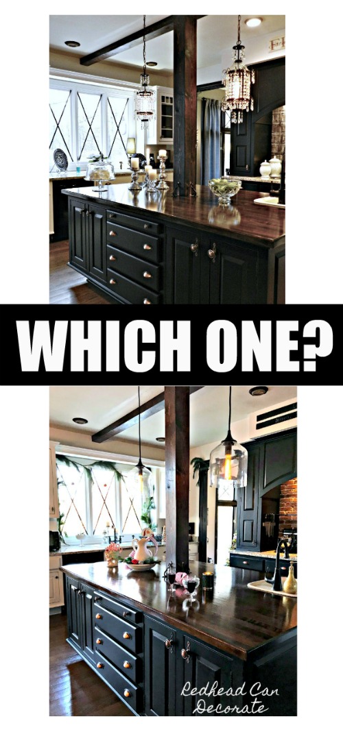 This is truly an amazing kitchen island transformation using pendant light light fixtures!