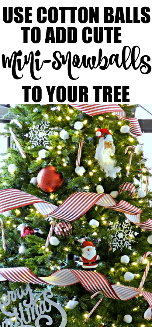 This Cotton Candy Cane Christmas Tree is so clever and cute! She used cotton balls for snowballs and the dollar store star floats above the tree! 