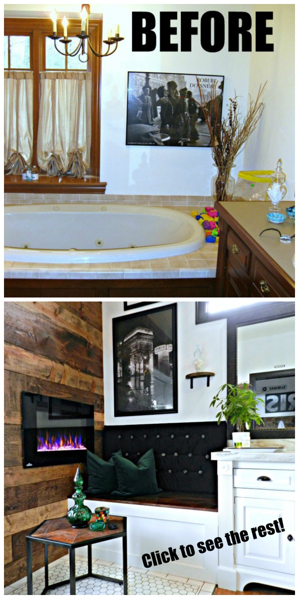 This Michigan DIY blogger and husband removed their dated jacuzzi tub and then transformed their entire master bathroom into a cozy rustic retreat complete with an electric fireplace. A must see! Master Bathroom Renovation-The Full Reveal