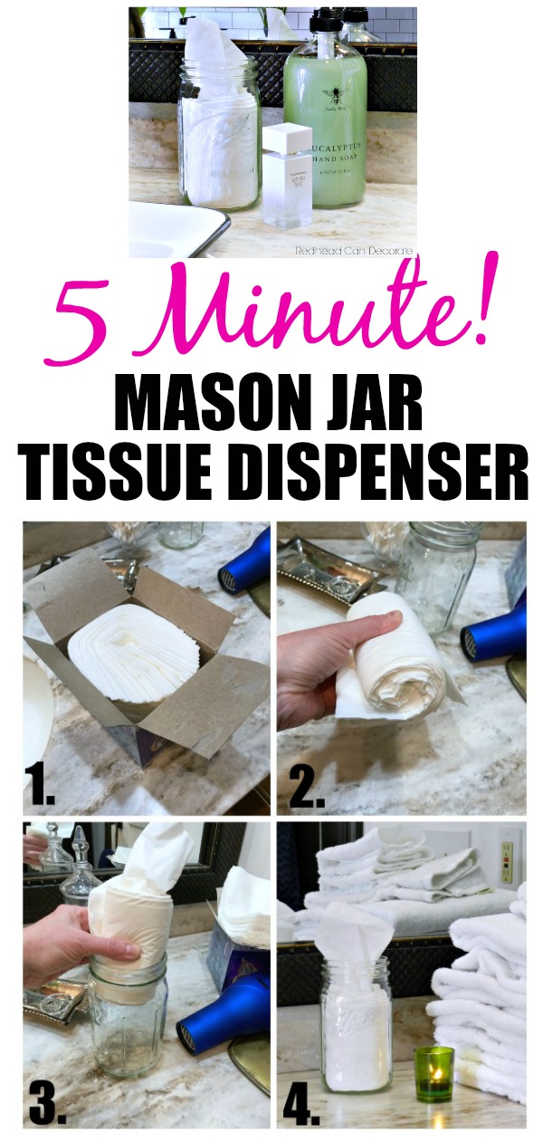 I can't believe I never thought about using a Mason Jar for a tissue dispenser before! This 5 Minute DIY Mason Jar Bathroom Tissue Dispenser is so cute and affordable!