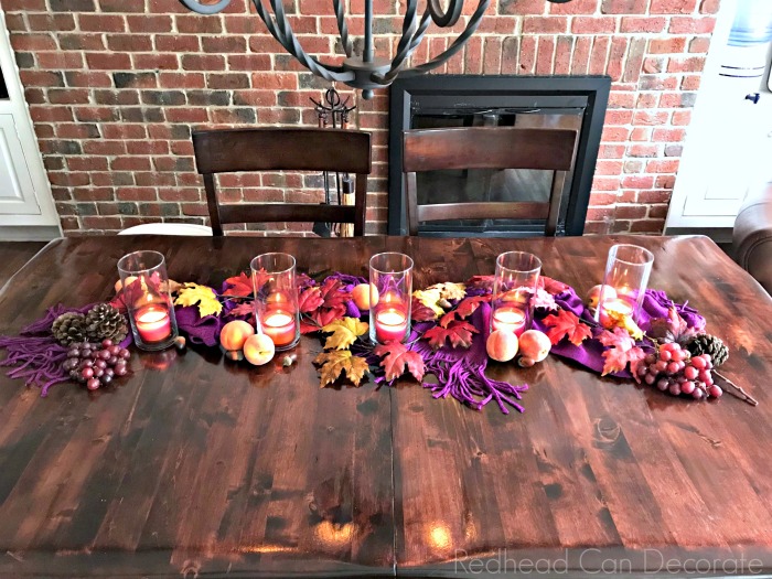 This Peach & Purple Fall Table is so gorgeous with all those colors! She used dollar store items and peaches, and even grapes!