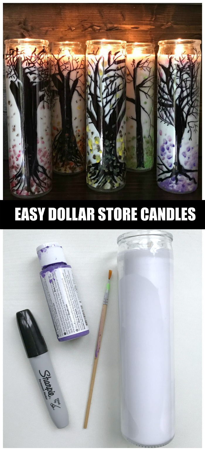 Create gorgeous Dollar Store Fall Candles using this simple technique with supplies you probably already have such as permanent marker and acrylic paint.