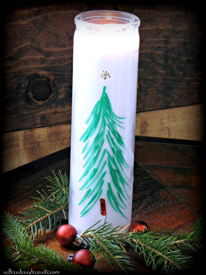 Make Dollar Store Christmas Tree Candles easily with a dollar store candle and a few permanent marker sharpies!