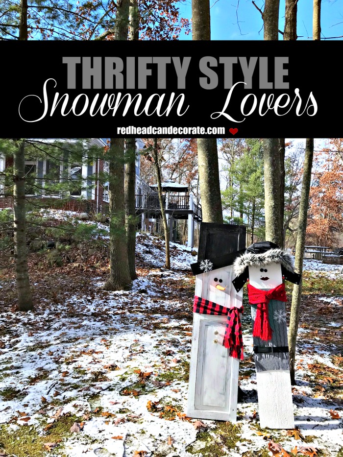 What a cute idea to use an old shutter or scrap wood to make a wood snowman couple for your front yard--->Thrifty Style Snowman Lovers