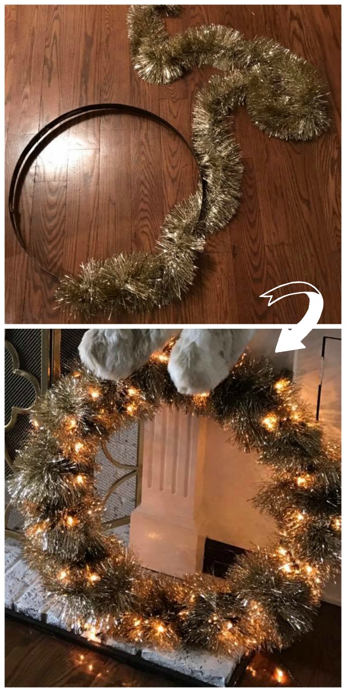 Wrap garland around a hula hoop or whiskey barrel hoop to make this stunning gold Christmas wreath!