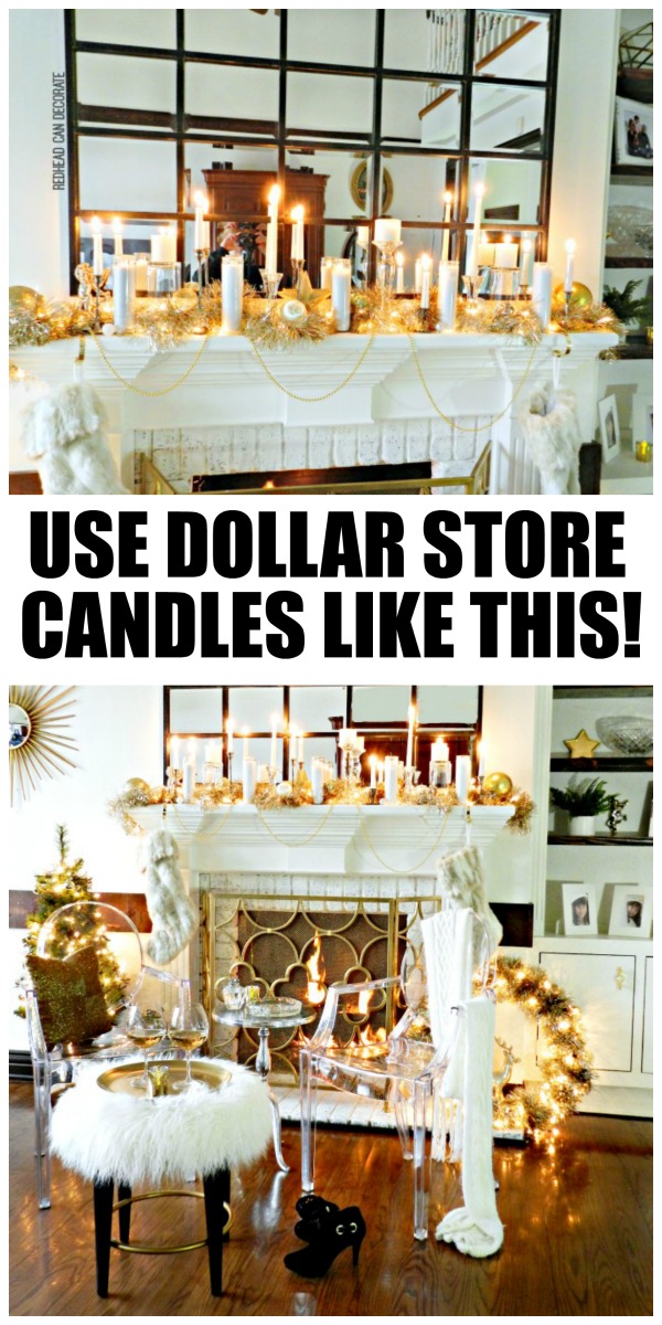 This mom blogger used dollar store candles for this Glamorous Christmas Mantel! She gives a full tutorial on how!