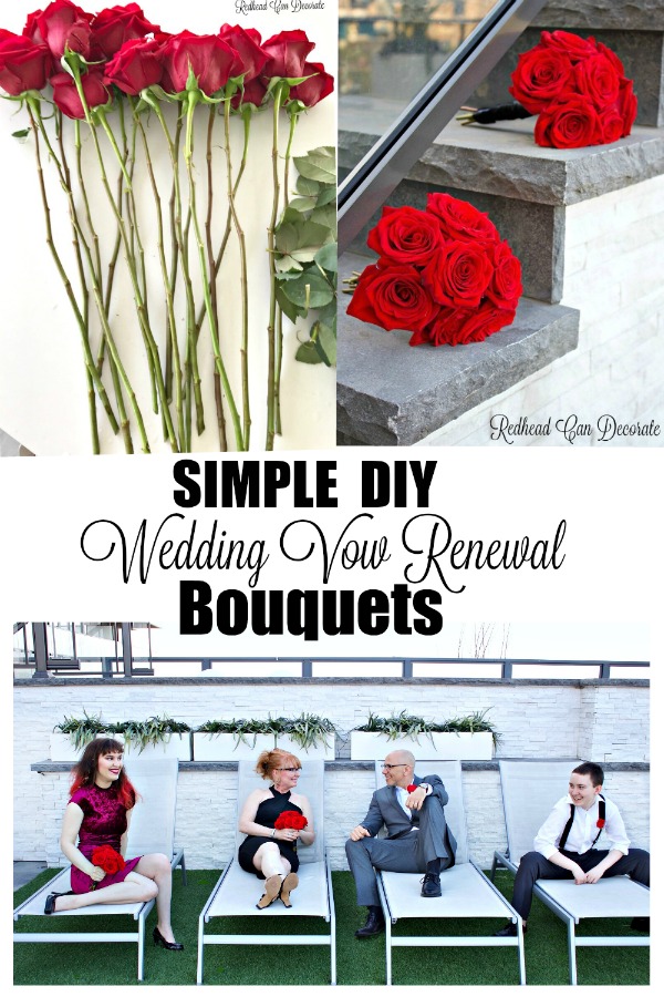 This blogger saved tons of money on her 25 year wedding vow renewal flowers by doing a DIY Rose Wedding Bouquet for both her and her daughter.  She also made the boutonnières!