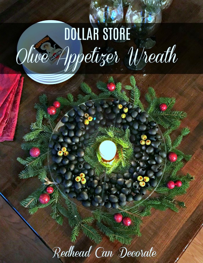 This gorgeous "Dollar Store Olive Appetizer Wreath" is not only afforadable, but almost everything comes from the dollar store! 