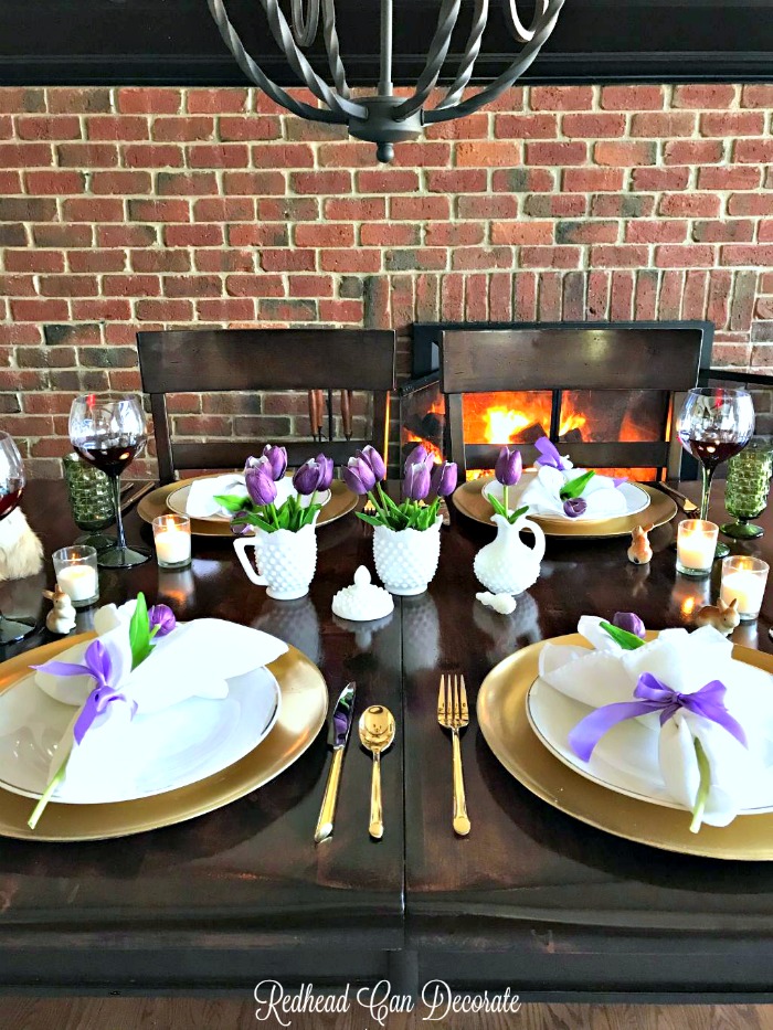 This Repurposed Hobnail Milk Glass set from the thrift store is used so elegantly in a Spring tablescape you won't believe the purple tulips are fake!