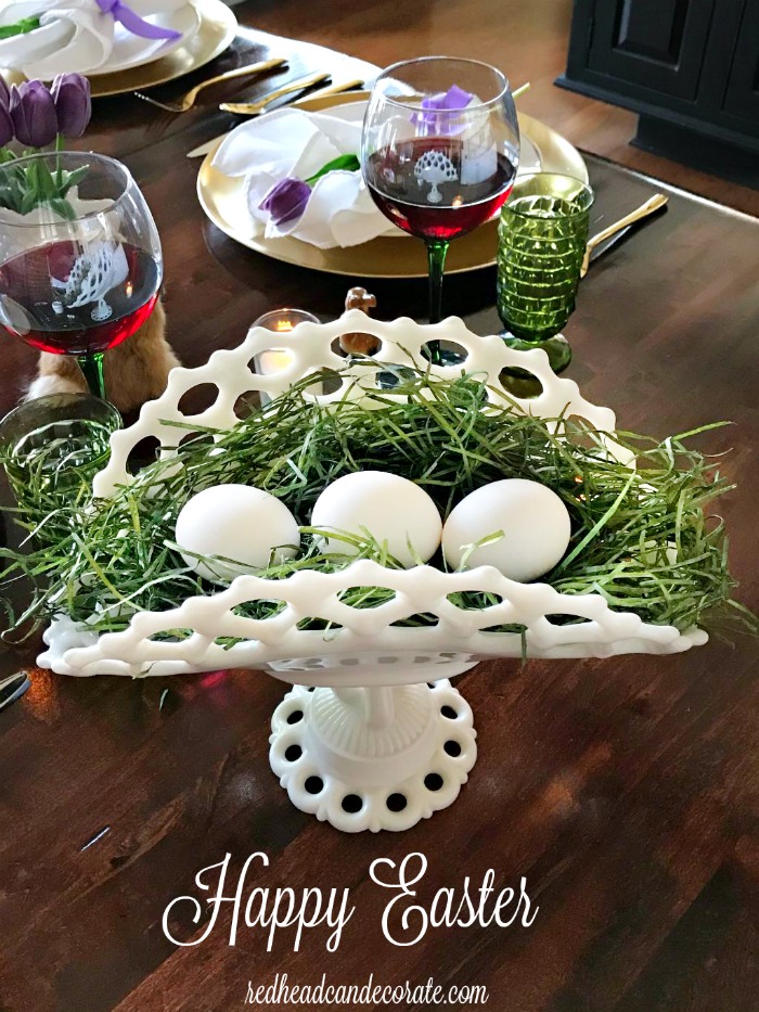 This Repurposed Hobnail Milk Glass set from the thrift store is used so elegantly in a Spring tablescape you won't believe the purple tulips are fake!