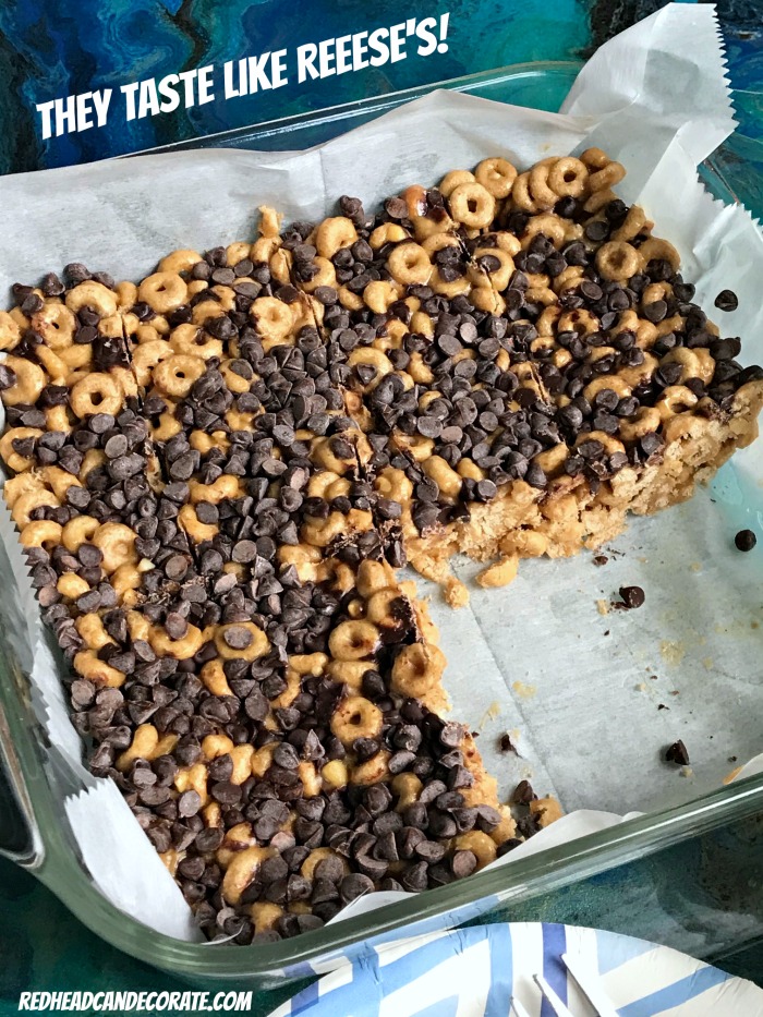 These yummy Cheerio Cheer-Me-Up Bars have a light crunchy texture similar to Rice Krispie treats that is accompanied with the familiar taste of a Reese's peanut butter cup.  The combination of Cheerios, peanut butter, and chocolate make for a very satisfying, healthy treat that can be eaten for breakfast, dessert, or both.
