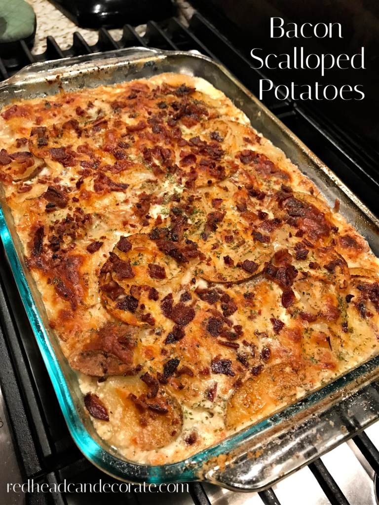 This creamy, savory satisfying potato layered casserole is loaded with healthy ingredients such as Greek yogurt, and Parmesan cheese instead of high fat greasy meats and cheeses.  These "Bacon Scalloped Potatoes" taste absolutely amazing and the bacon topping is a must try!