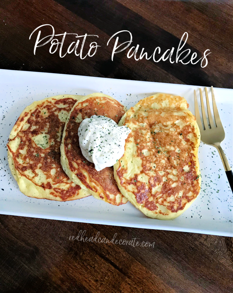 These quick potato pancakes don't require hardly any prep, and are made using left over mashed potatoes, egg beaters, and onion. They turn out crispy and are wonderful topped with plain Greek yogurt or sour cream.