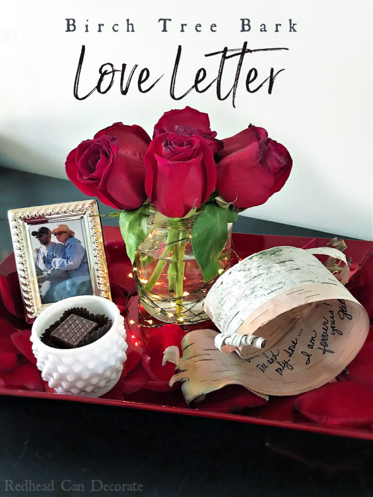 Affordable Valentine's Day! Check out this Birch Tree Bark Love Letter made from tree bark, and the vase is salsa jar!