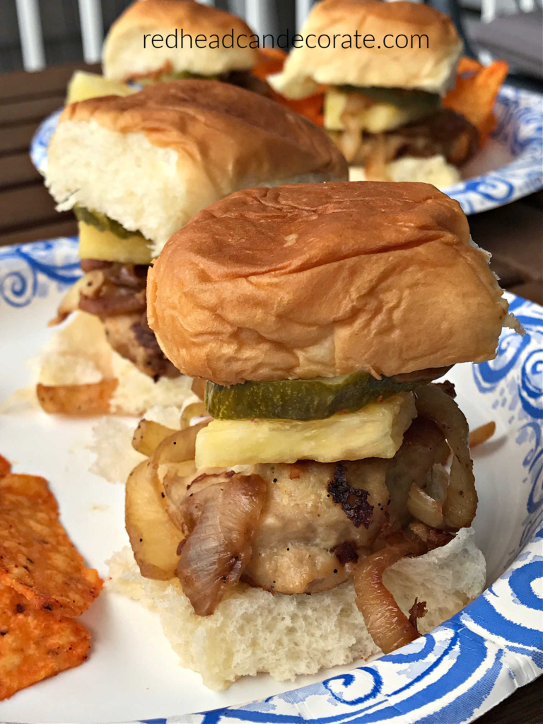 These savory, sweet, juicy, chicken, pineapple sliders are smothered with caramelized onions, and can even be made in an electric frying pan on camping trips, at home, or anywhere.  In fact, I recommend using an electric frying pan because it cooks them evenly.  