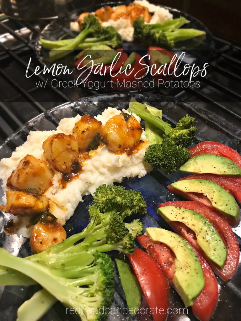Savory, tender sea scallops gently sauteed in a lemon, olive oil, garlic sauce- served over protein rich Greek yogurt mashed potatoes.