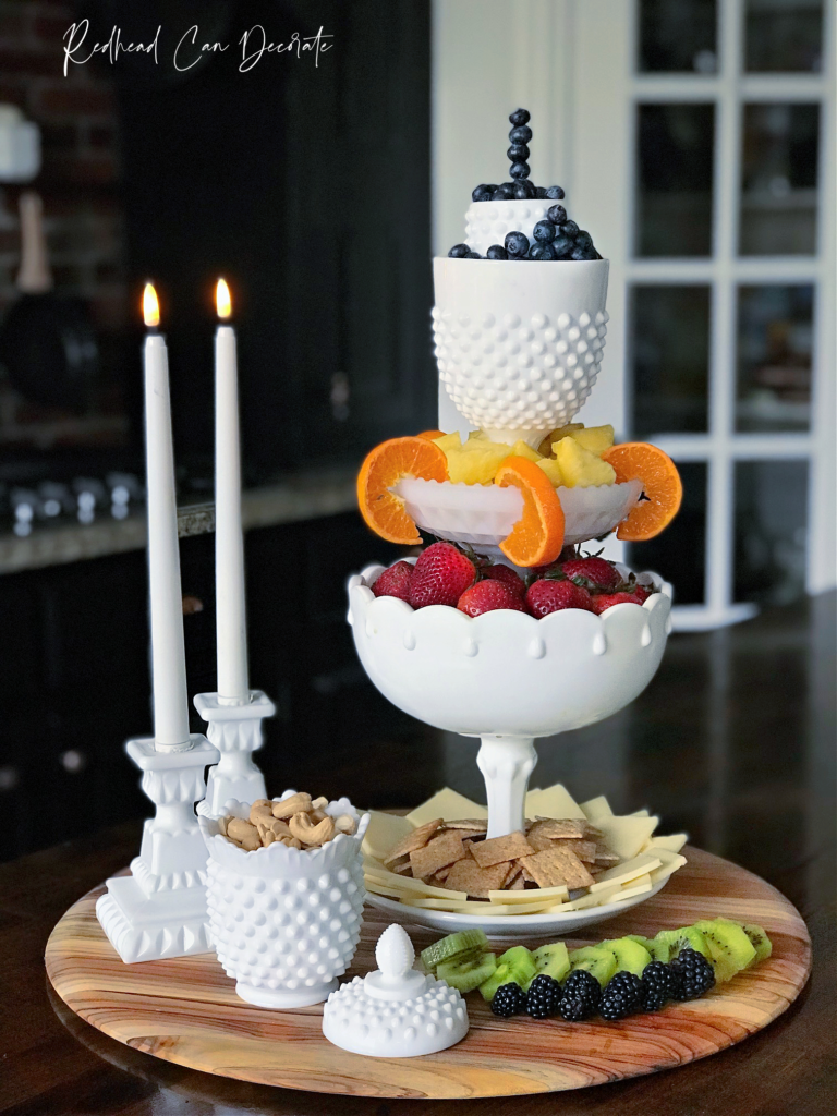 How to Create a Milk Glass Fruit & Cheese Appetizer Tower