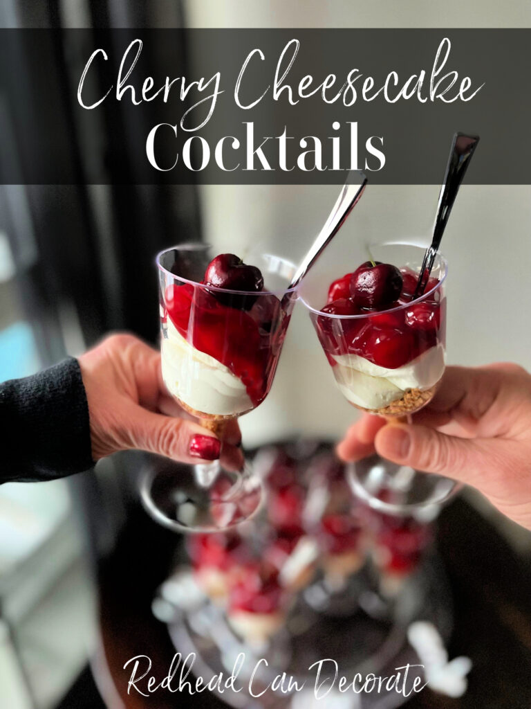 These easy no-bake individual serving Cherry Cheesecake Cocktails are a fun alternative to traditional style cheesecake.  Serve these gorgeous chilled cherry treats to your guests easily, and germ free with instant clean-up, too.