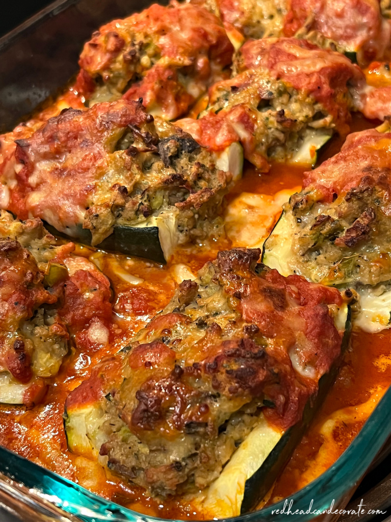 This stuffed zucchini recipe is full of good for you food and loaded with texture and flavor.  Pairs well with redheadcandecorate's Easy Artisan Bread and salad. 