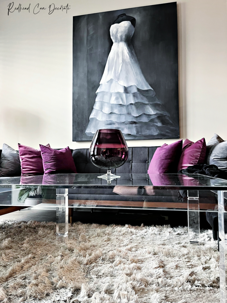 Beautiful Chic Charcoal & Purple Living Room with just the right amount of purple.
