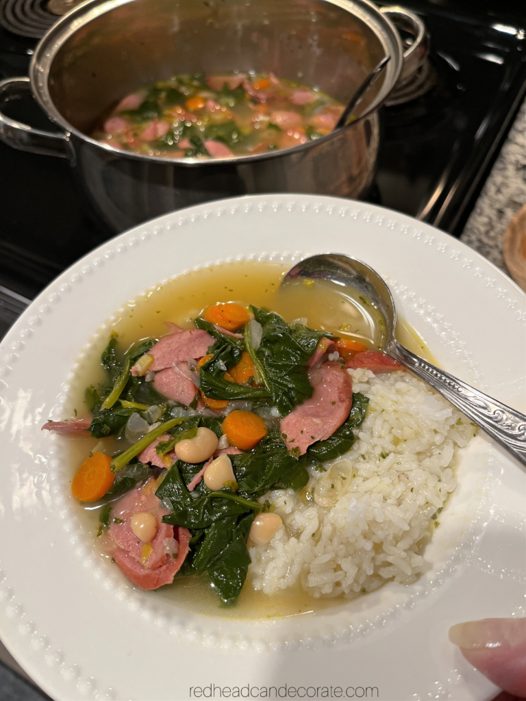 Redhead's Simple Sausage, Spinach & Bean Soup is packed with savory sausage, hearty veggies, and whips up in just a couple minutes.  Serve over rice, pasta, or even pierogi.Redhead's Simple Sausage, Spinach & Bean Soup is packed with savory sausage, hearty veggies, and whips up in just a couple minutes.  Serve over rice, pasta, or even pierogi.