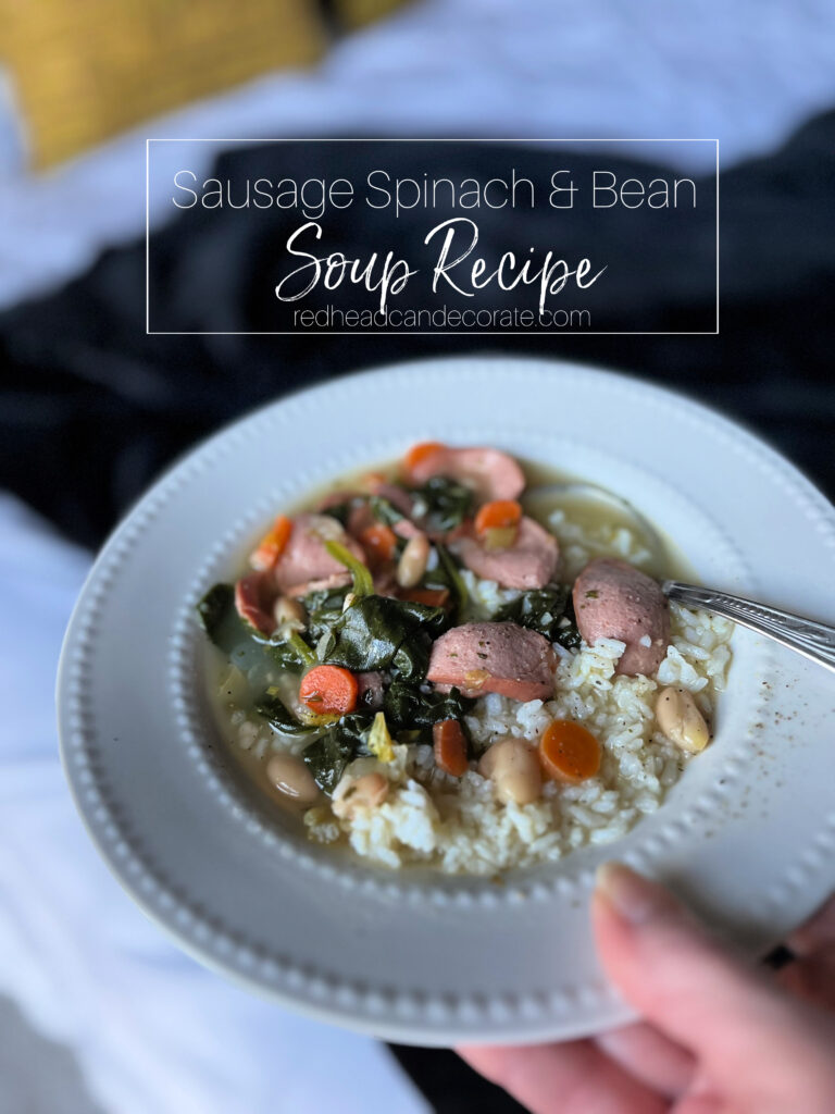 Redhead's Simple Sausage, Spinach & Bean Soup is packed with savory sausage, hearty veggies, and whips up in just a couple minutes.  Serve over rice, pasta, or even pierogi.